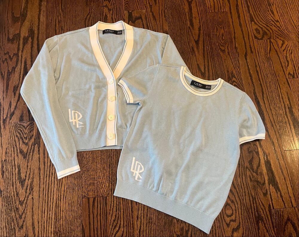 Lauren Ralph Lauren Twin Set Cardigan & Short Sleeve Sweater Aqua Sz.XXS NWOT